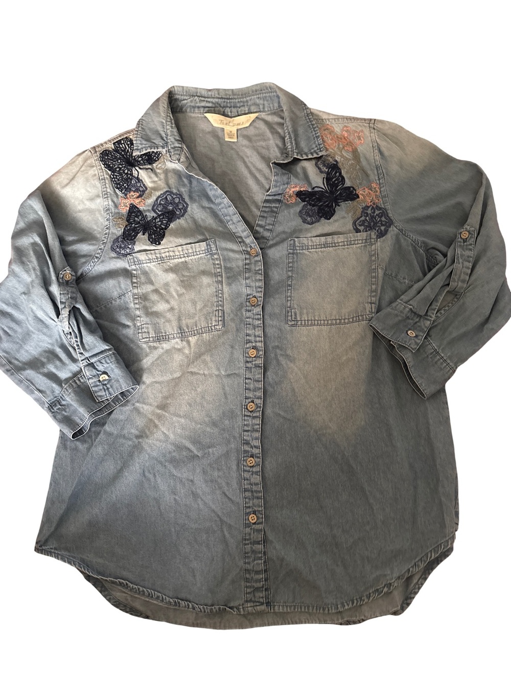 Tantrums Light Blue Denim Button-Up with Navy Butterfly Appliqué